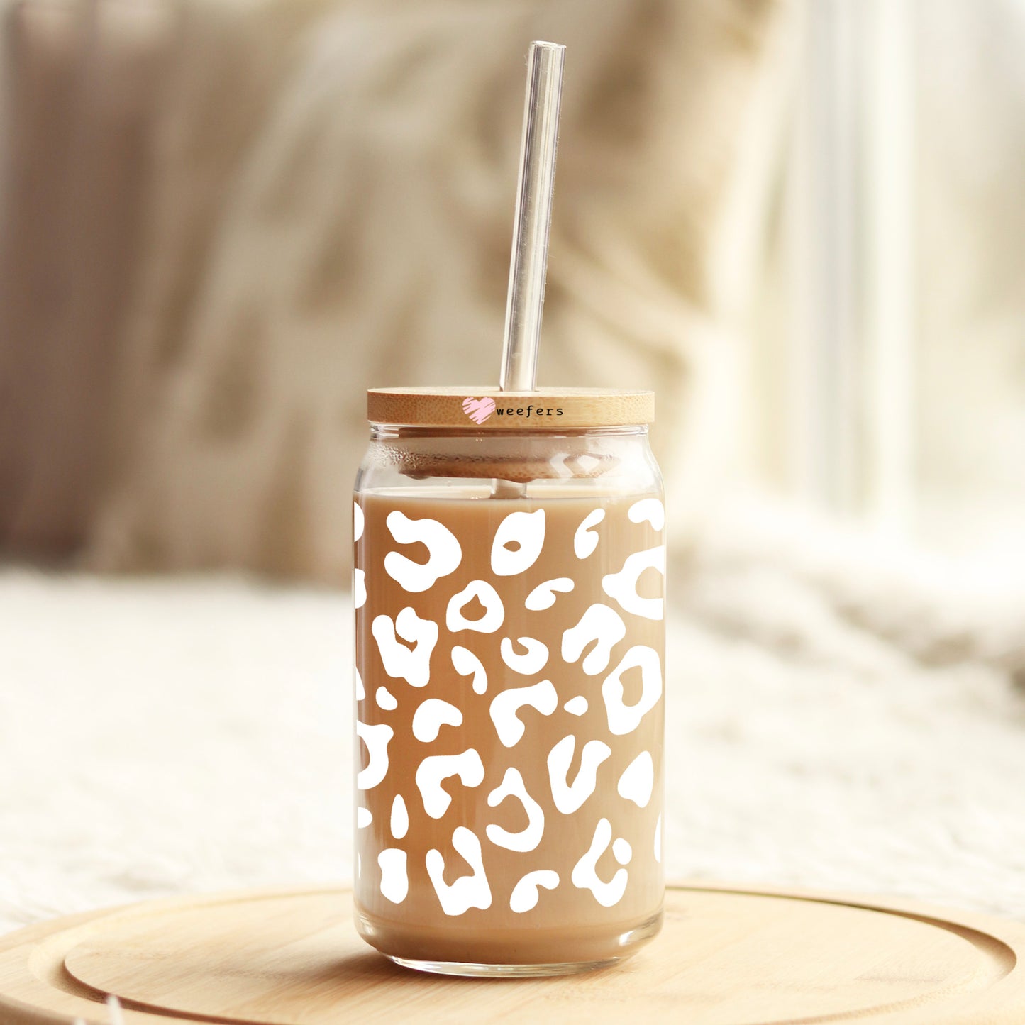 White Leopard Print 16oz Libbey Glass Can UV DTF or Sublimation Cup Wrap - Decal Transfer - Weefers