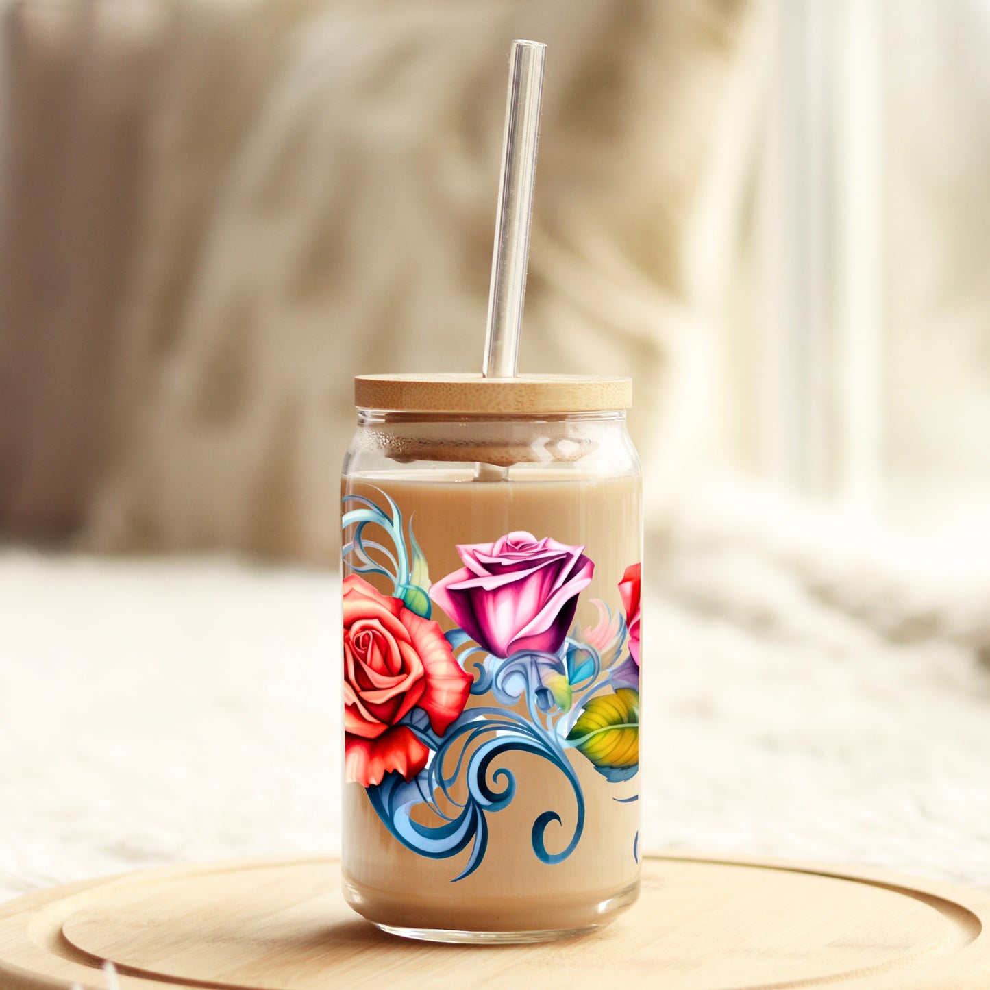 Bright Colorful Roses  16oz Libbey Glass Can UV DTF or Sublimation Cup Wrap - Decal Transfer - Weefers