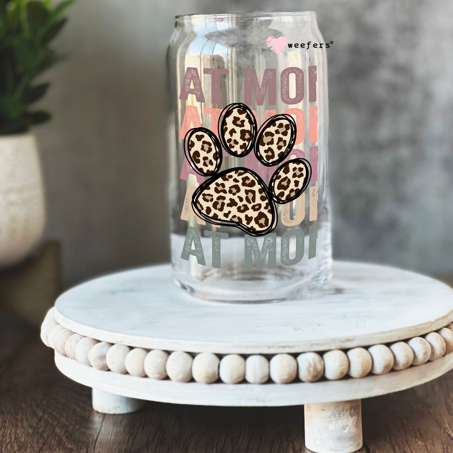 Cat Mom Leopard Paw 16oz Libbey Glass Can UV DTF or Sublimation Cup Wrap - Decal Transfer Weefers