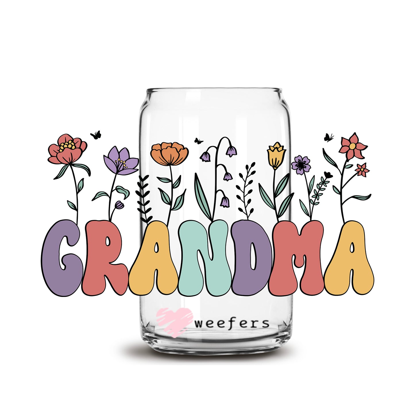 Grandma Retro Floral 16oz Libbey Glass Can UV DTF or Sublimation Cup Wrap - Decal Transfer - Weefers