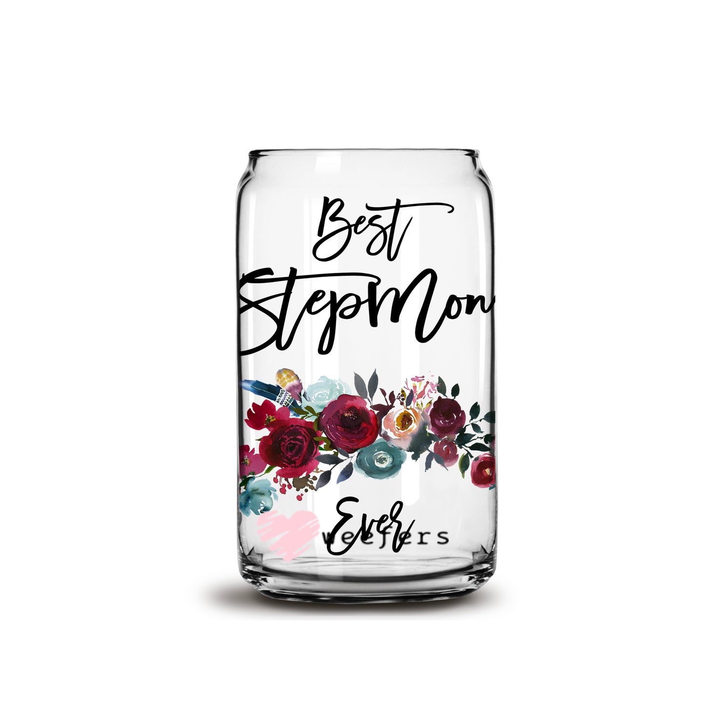 Best Stepmom Ever Burgundy Floral 16oz Libbey Glass Can UV DTF or Sublimation Wrap - Decal - Weefers