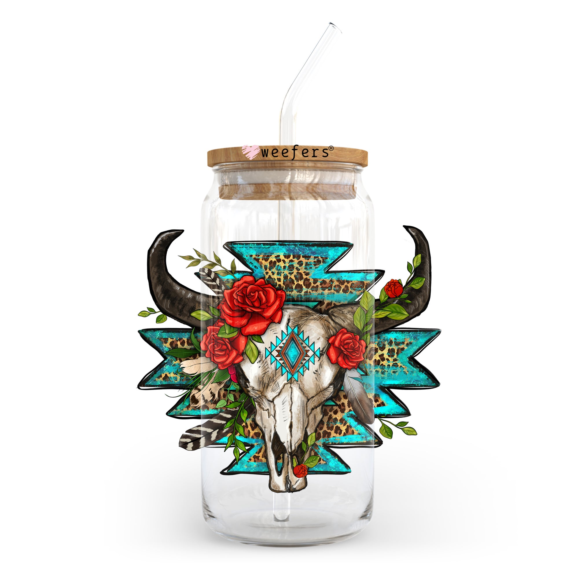 Turquoise Cow Skull 20oz Libbey Glass Can UV DTF or Sublimation Wrap - Decal Transfer - Weefers