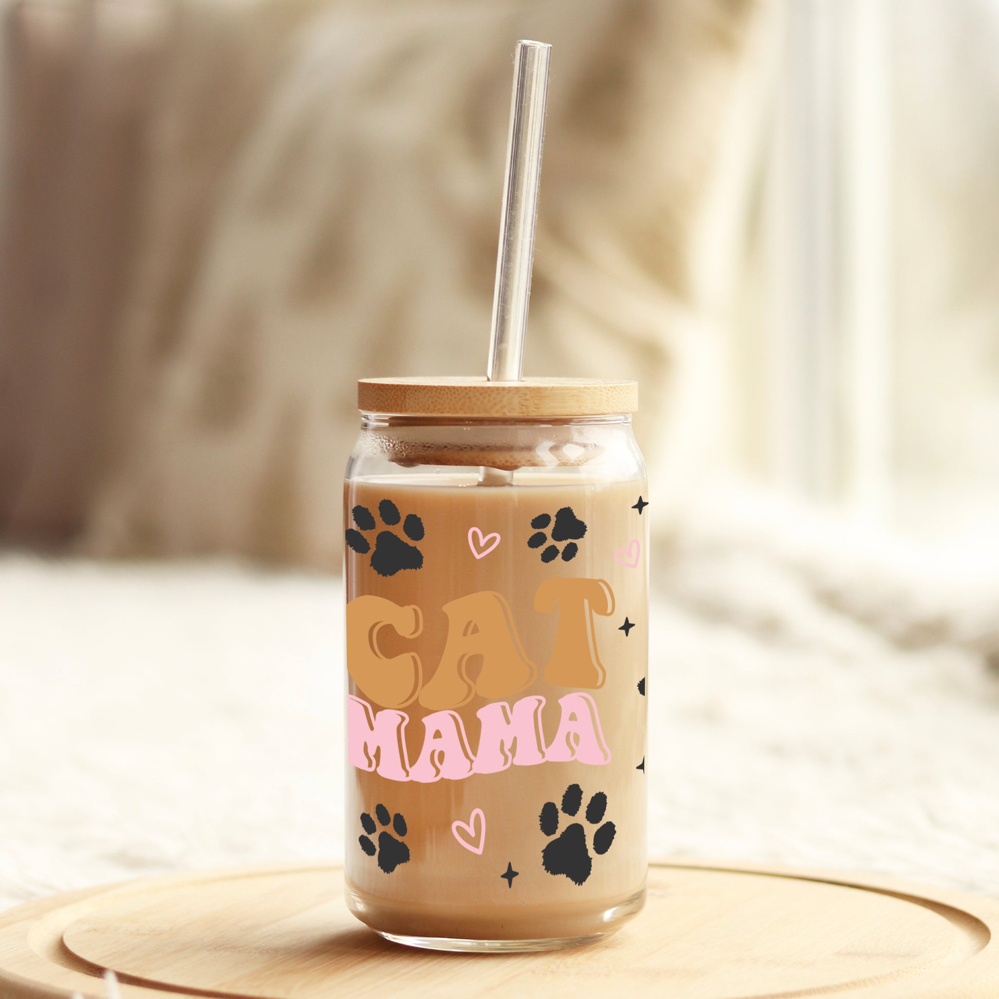 Cat Mama paws 16oz Libbey Glass Can UV DTF or Sublimation Cup Wrap - Decal Transfer - Weefers