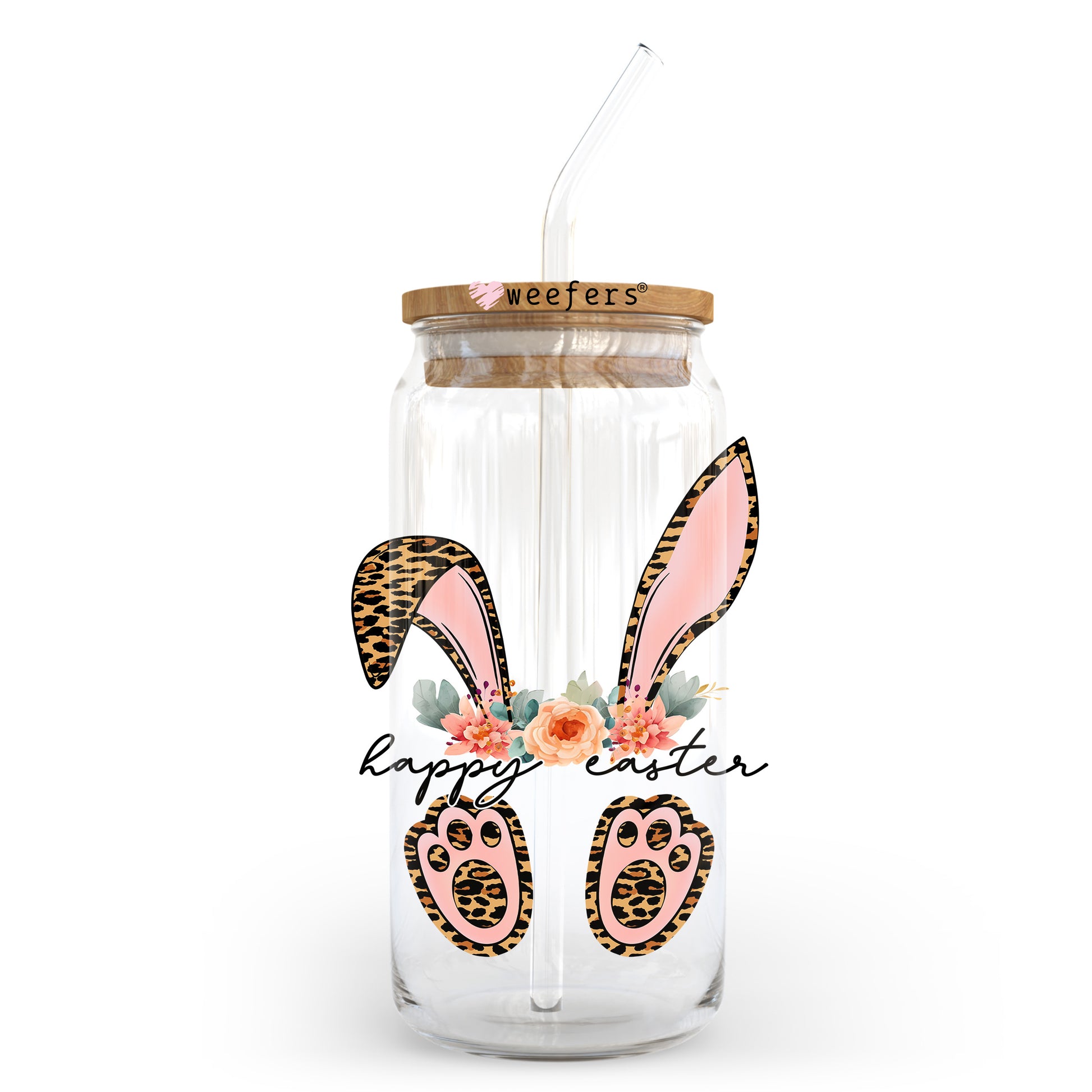 Happy Easter Leopard Bunny 20oz Libbey Glass Can UV DTF or Sublimation Wrap - Decal Transfer - Weefers