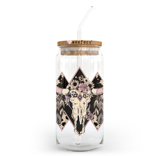 Cow Skull Aztec Black 20oz Libbey Glass Can UV DTF or Sublimation Wrap - Decal Transfer Weefers