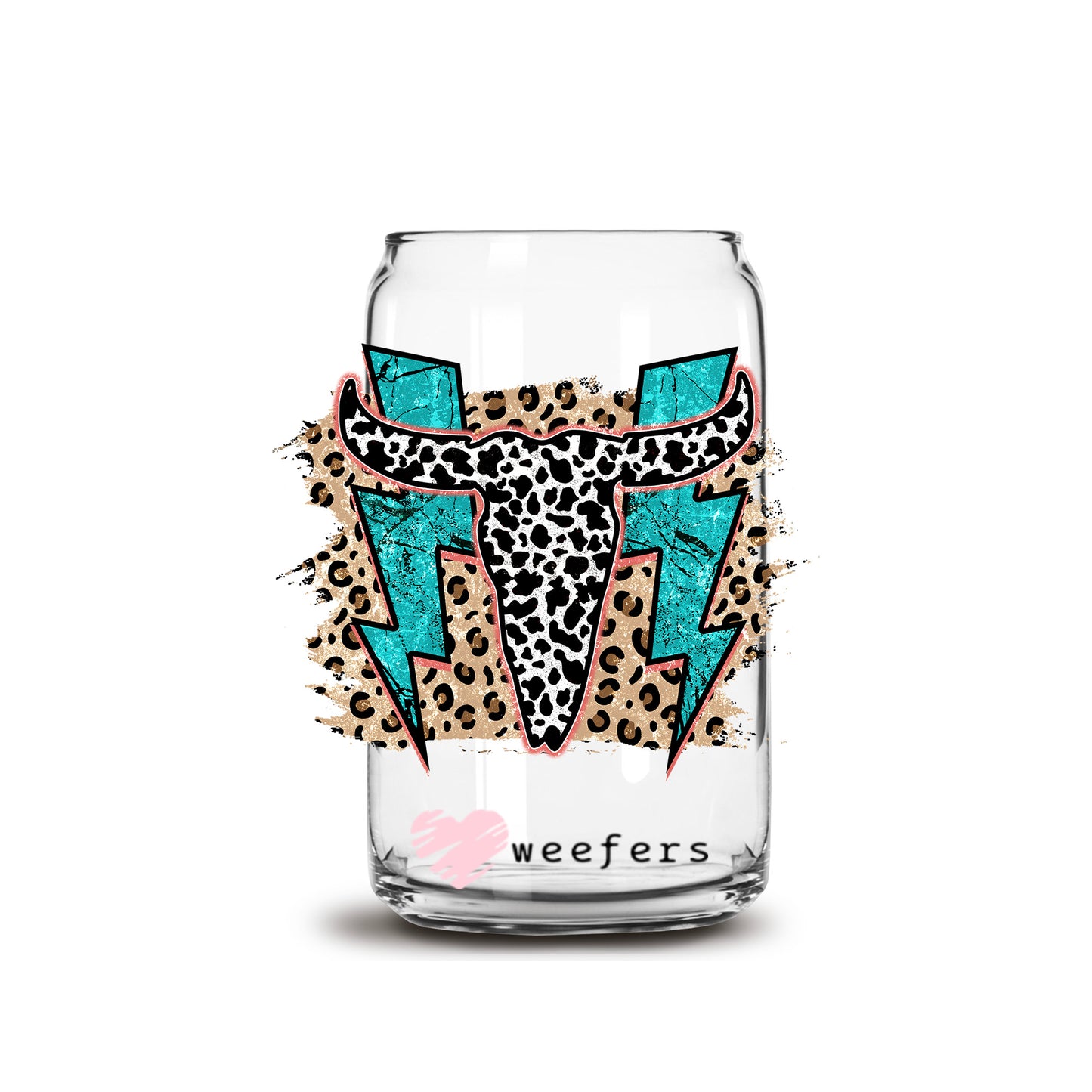 Cow Skull Teal Lightening Bolts Cheetah Print 16oz Libbey Glass Can UV DTF or Sublimation Cup Wrap - Decal Transfer - Weefers