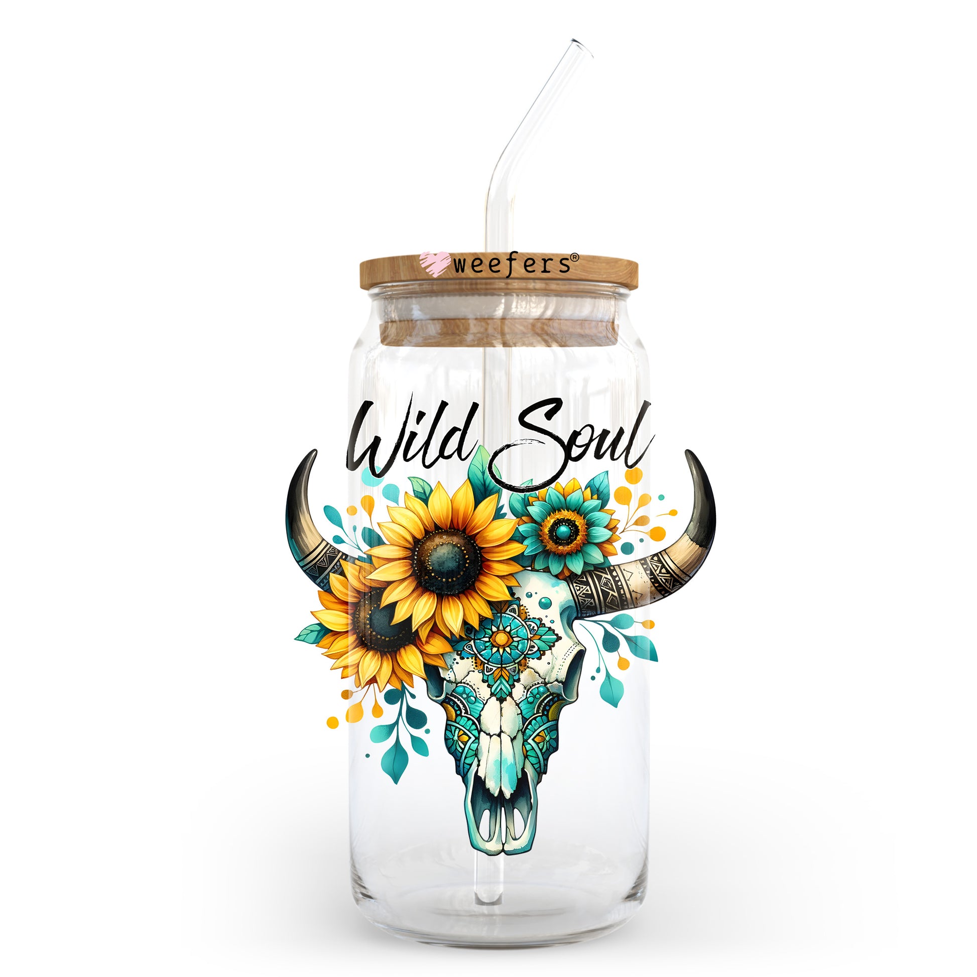 Wild Soul Cow Skull Sunflowers 20oz Libbey Glass Can UV DTF or Sublimation Wrap - Decal Transfer - Weefers