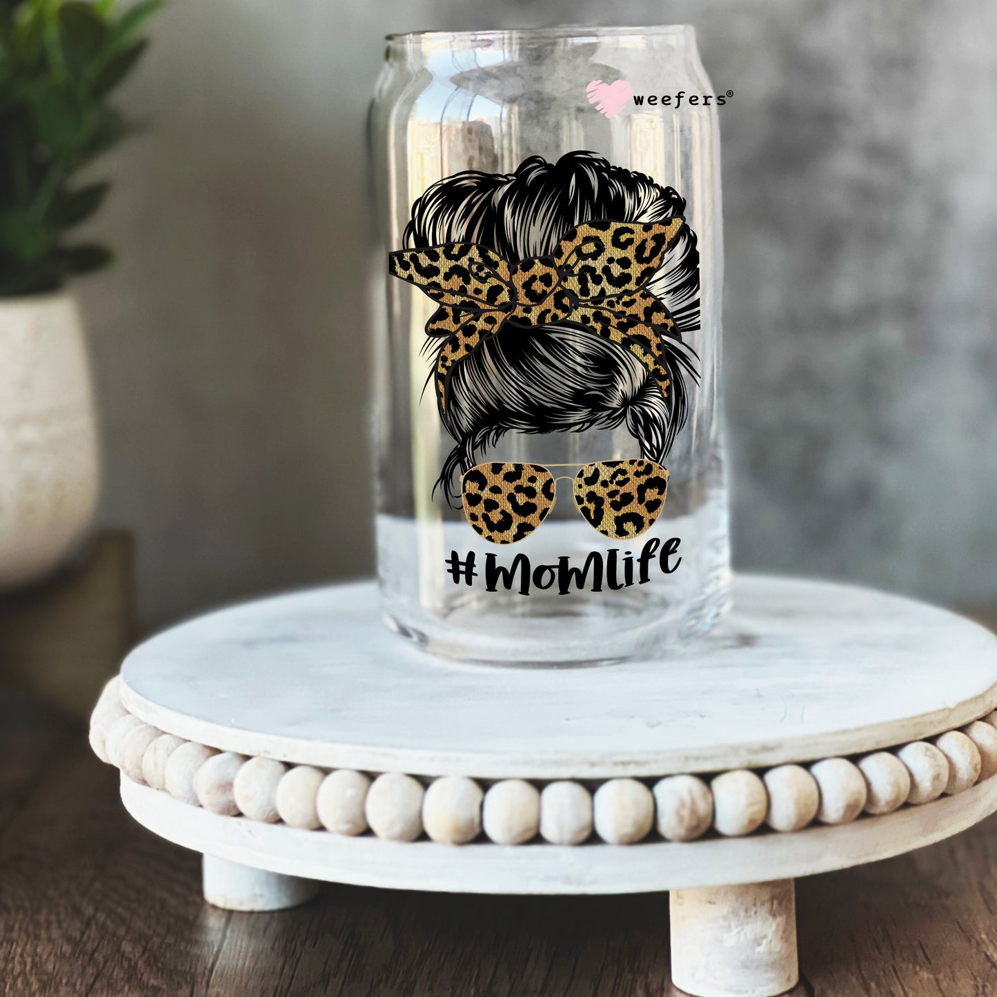 Messy Bun Mom Life Leopard 16oz Libbey Glass Can UV DTF or Sublimation Wrap - Decal - Weefers