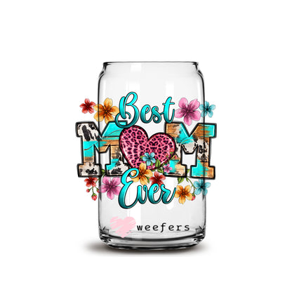 Best Mom Ever Leopard Heart 16oz Libbey Glass Can UV DTF or Sublimation Wrap - Decal - Weefers