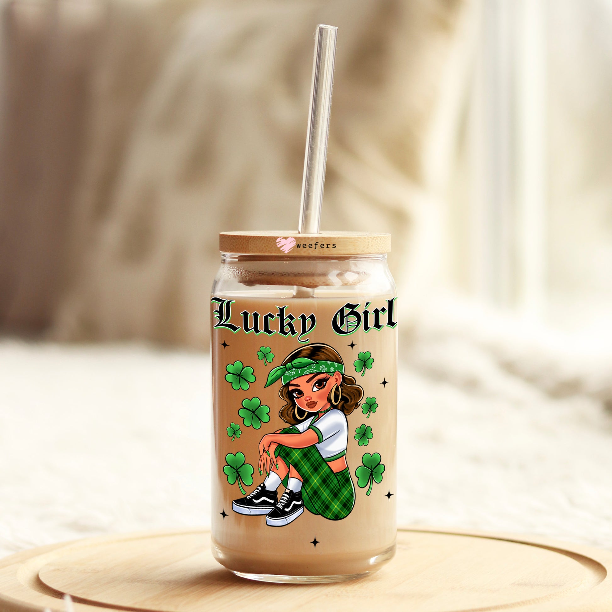 Lucky Girl 16oz Libbey Glass Can UV DTF or Sublimation Cup Wrap - Decal Transfer - Weefers