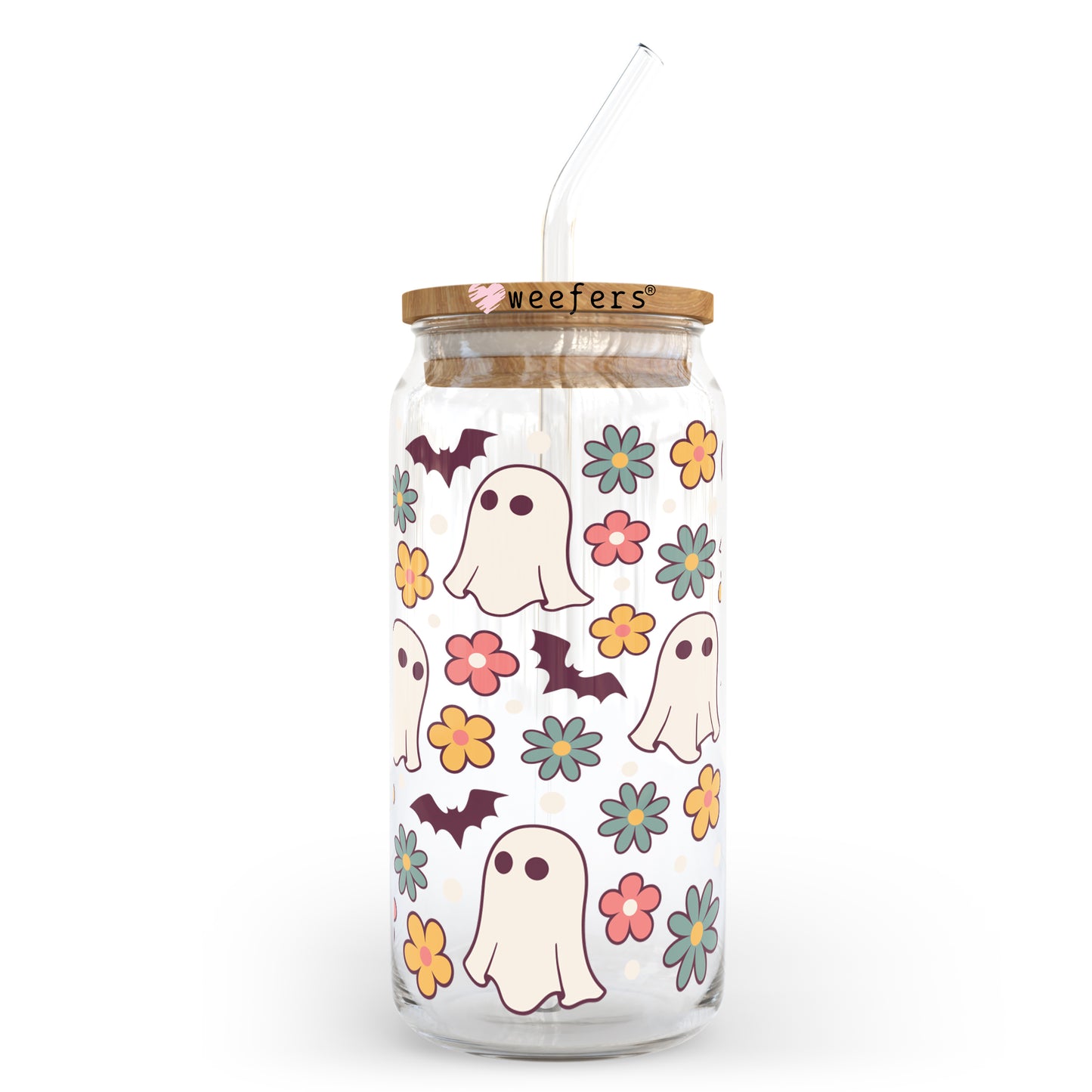 Retro Floral Ghosts Halloween 20oz Libbey Glass Can, 34oz Hip Sip, 40oz Tumbler UV DTF or Sublimation Decal Transfer - Weefers