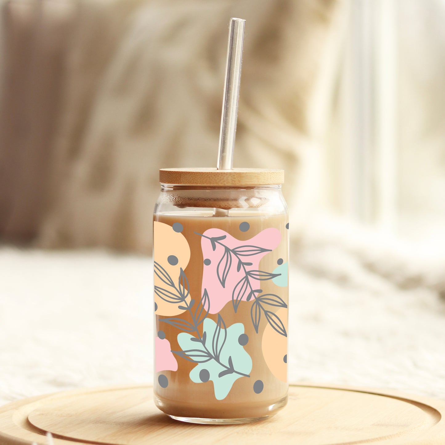 Pink Teal and Orange Leaves 16oz Libbey Glass Can UV DTF or Sublimation Wrap - Decal - Weefers