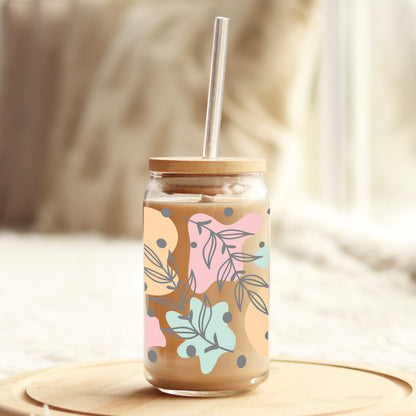 Pink Teal and Orange Leaves 16oz Libbey Glass Can UV DTF or Sublimation Wrap - Decal - Weefers