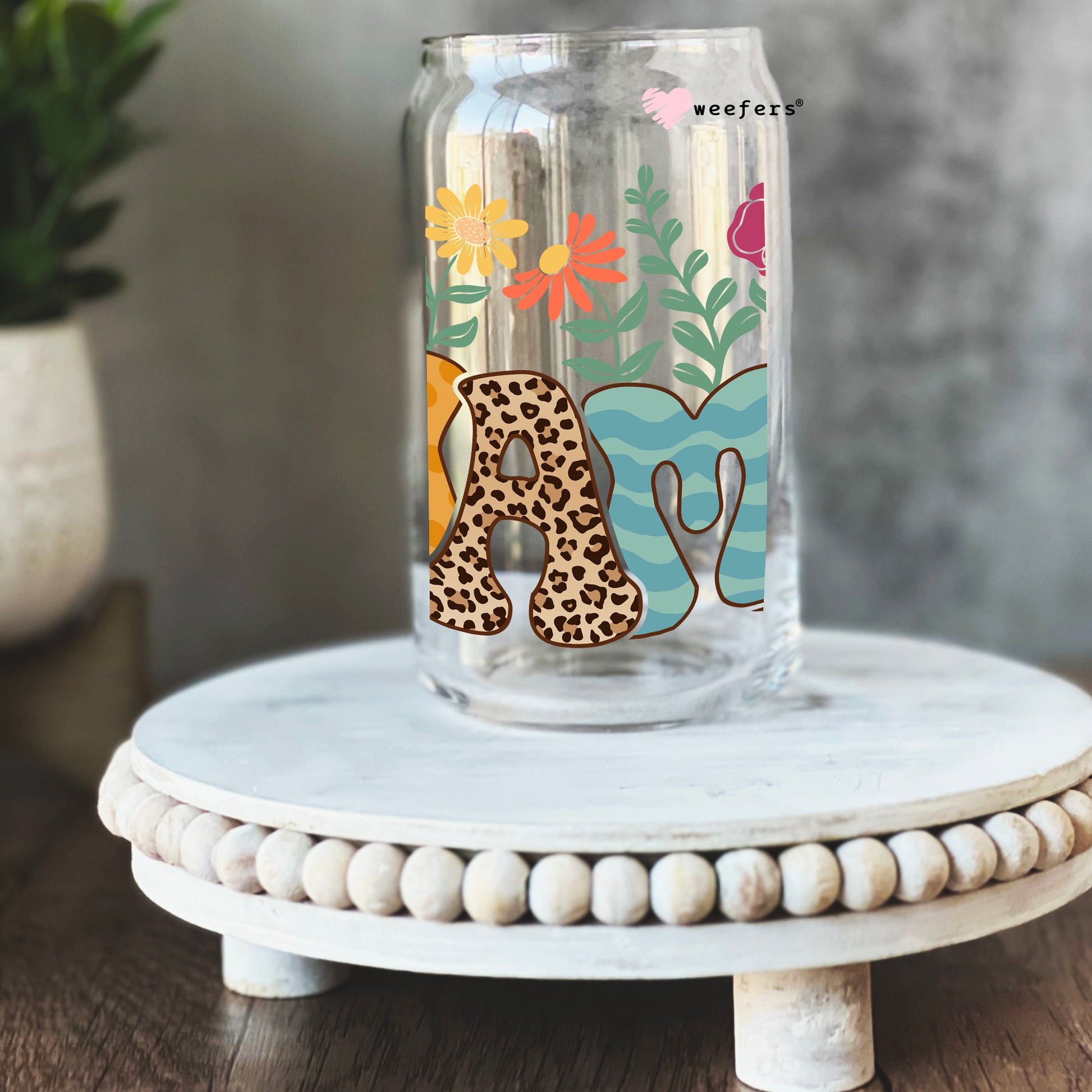 Boho Floral Mama Orange Leopard 16oz Libbey Glass Can UV DTF or Sublimation Cup Wrap - Decal Transfer - Weefers