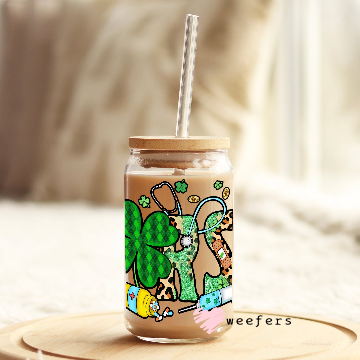 St Patrick's Day - Nurse Shamrocks Libbey Glass Can Wrap UV DTF Sublimation Transfers - Weefers