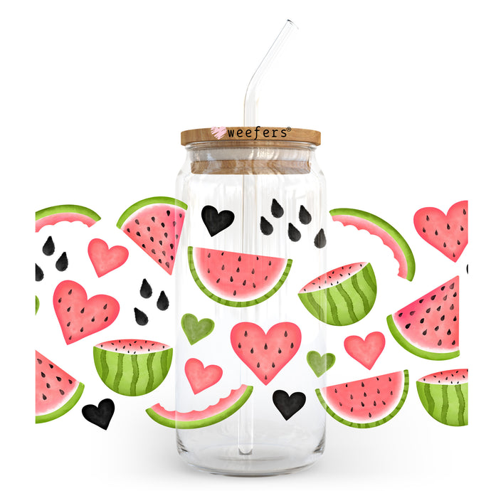 a glass jar filled with watermelon slices and hearts