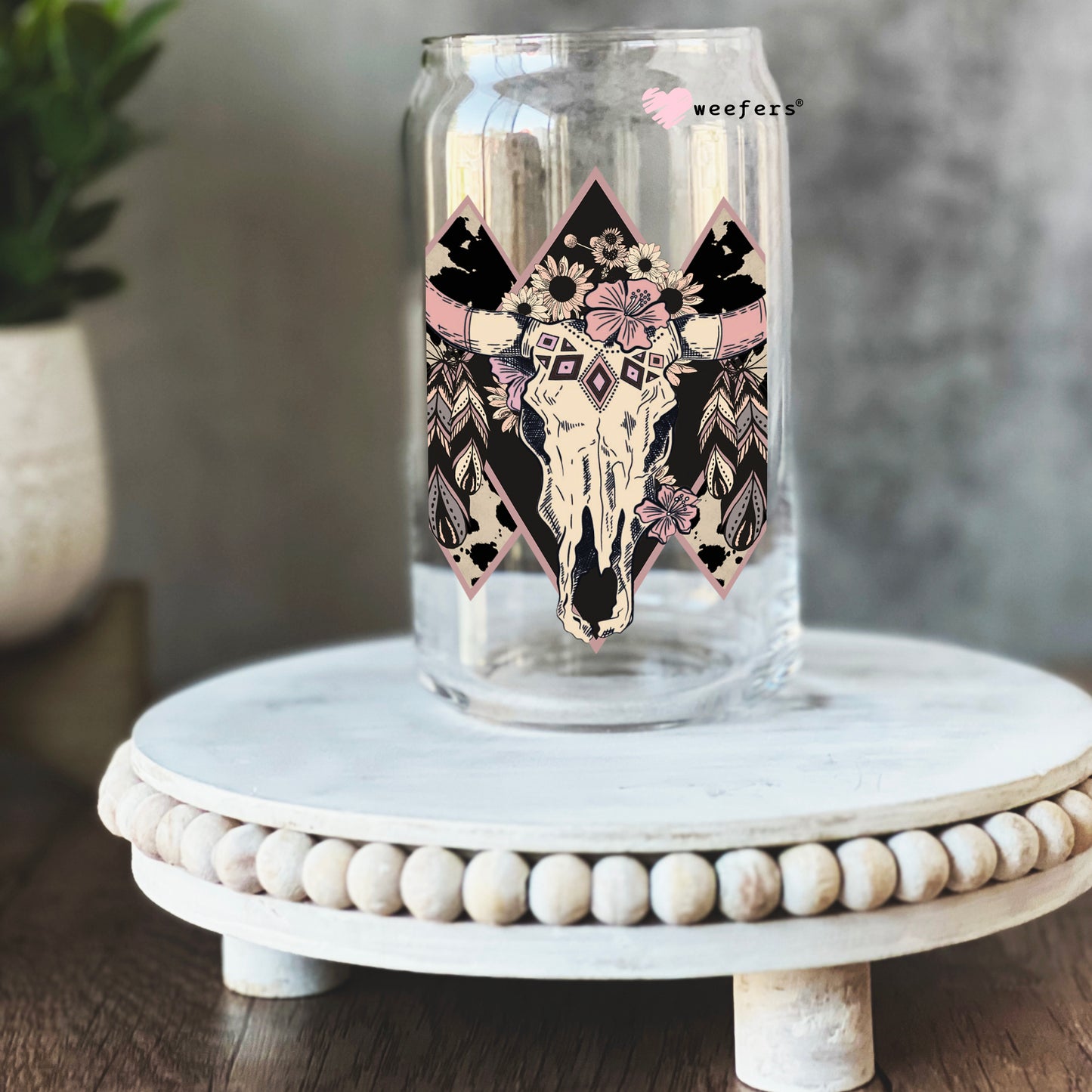 Cow Skull Pink 16oz Libbey Glass Can UV DTF or Sublimation Cup Wrap - Decal Transfer - Weefers