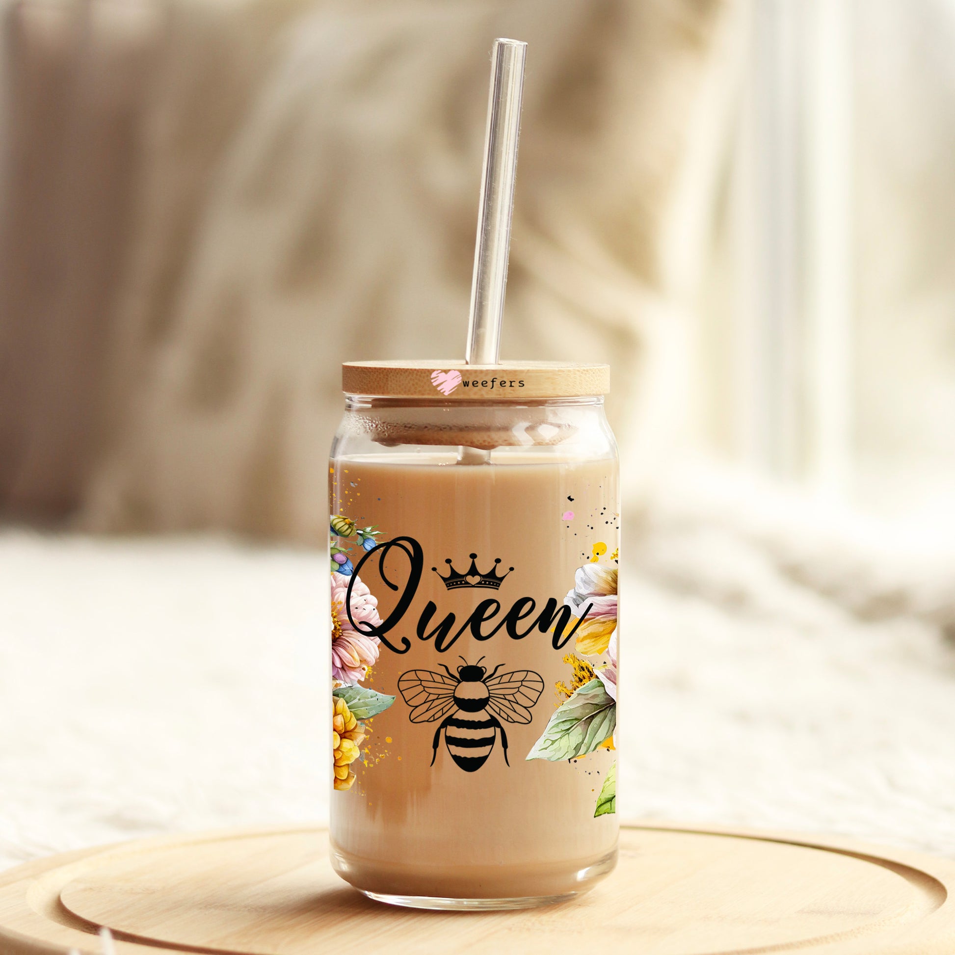 Queen Bee Floral 16oz Libbey Glass Can UV DTF or Sublimation Cup Wrap - Decal Transfer - Weefers