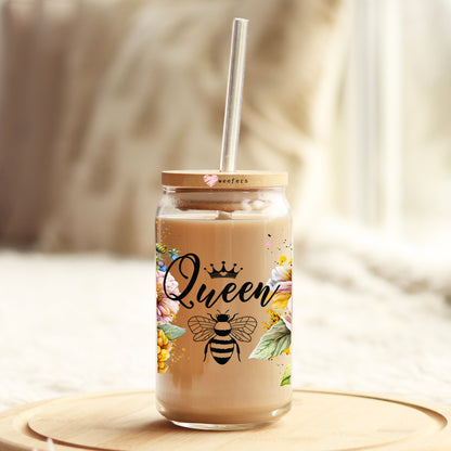 Queen Bee Floral 16oz Libbey Glass Can UV DTF or Sublimation Cup Wrap - Decal Transfer - Weefers