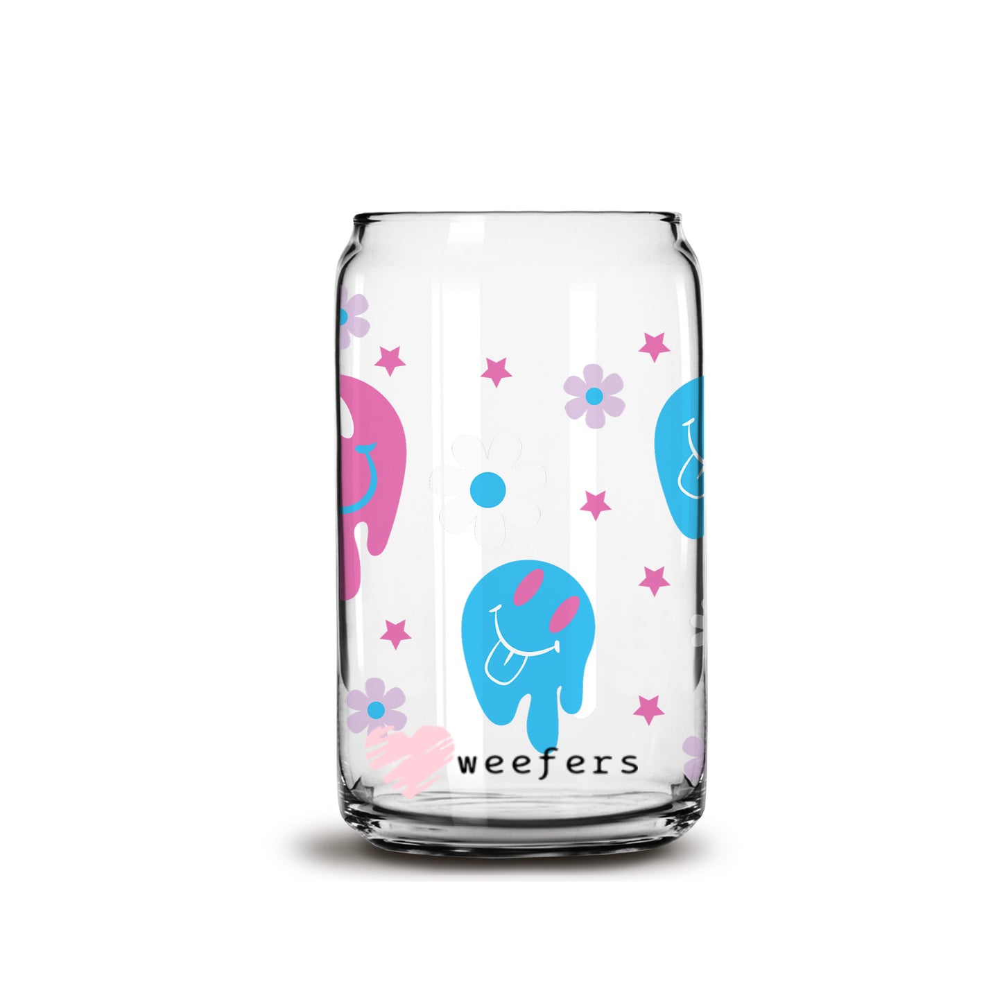 Blue and Pink Melting Smile Face 16oz Libbey Glass Can UV DTF or Sublimation Wrap - Decal - Weefers