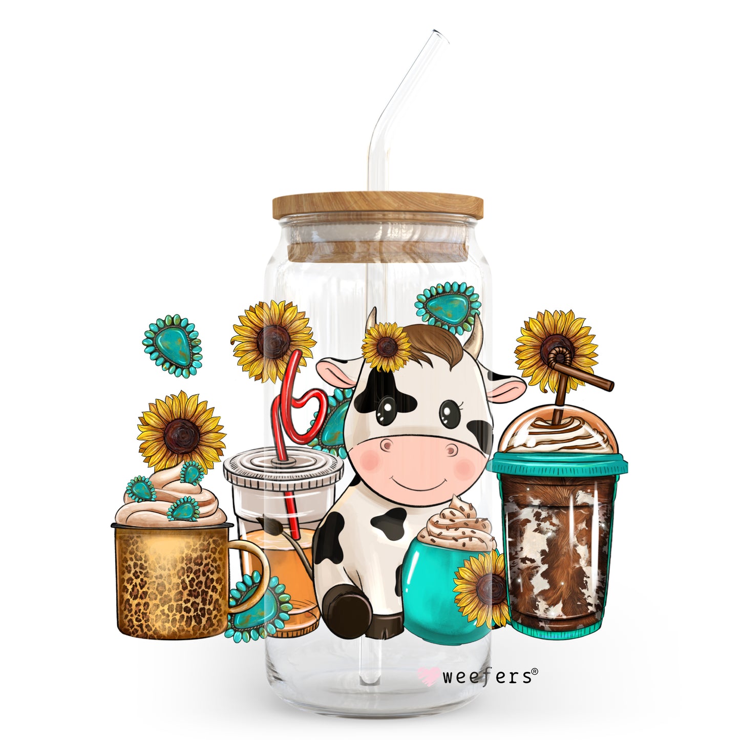 Western Sunflower Cow 20oz Libbey Glass Can, 34oz Hip Sip, 40oz Tumbler UV DTF or Sublimation Decal Transfer - Weefers