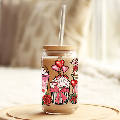 Coffee Latte Cup Cakes Valentine's Day 16oz Libbey Glass Can UV DTF or Sublimation Cup Wrap - Decal Transfer - Weefers