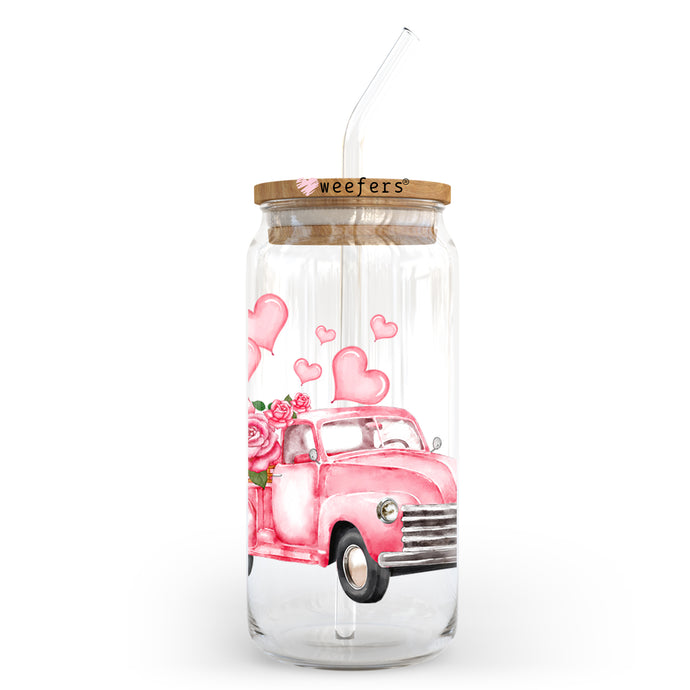a glass jar with a pink car painted on it