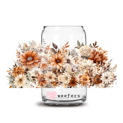 Floral Autumn Flowers 16oz Libbey Glass Can UV DTF or Sublimation Cup Wrap - Decal Transfer - Weefers