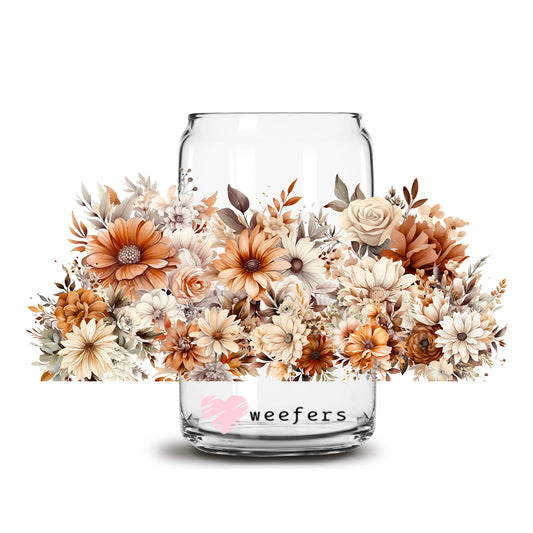 Floral Autumn Flowers 16oz Libbey Glass Can UV DTF or Sublimation Cup Wrap - Decal Transfer - Weefers