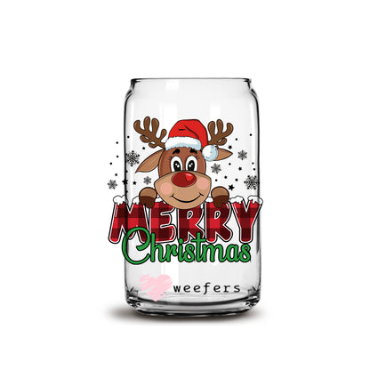 Merry Christmas Reindeer 16oz Libbey Glass Can UV DTF or Sublimation Cup Wrap - Decal Transfer - Weefers