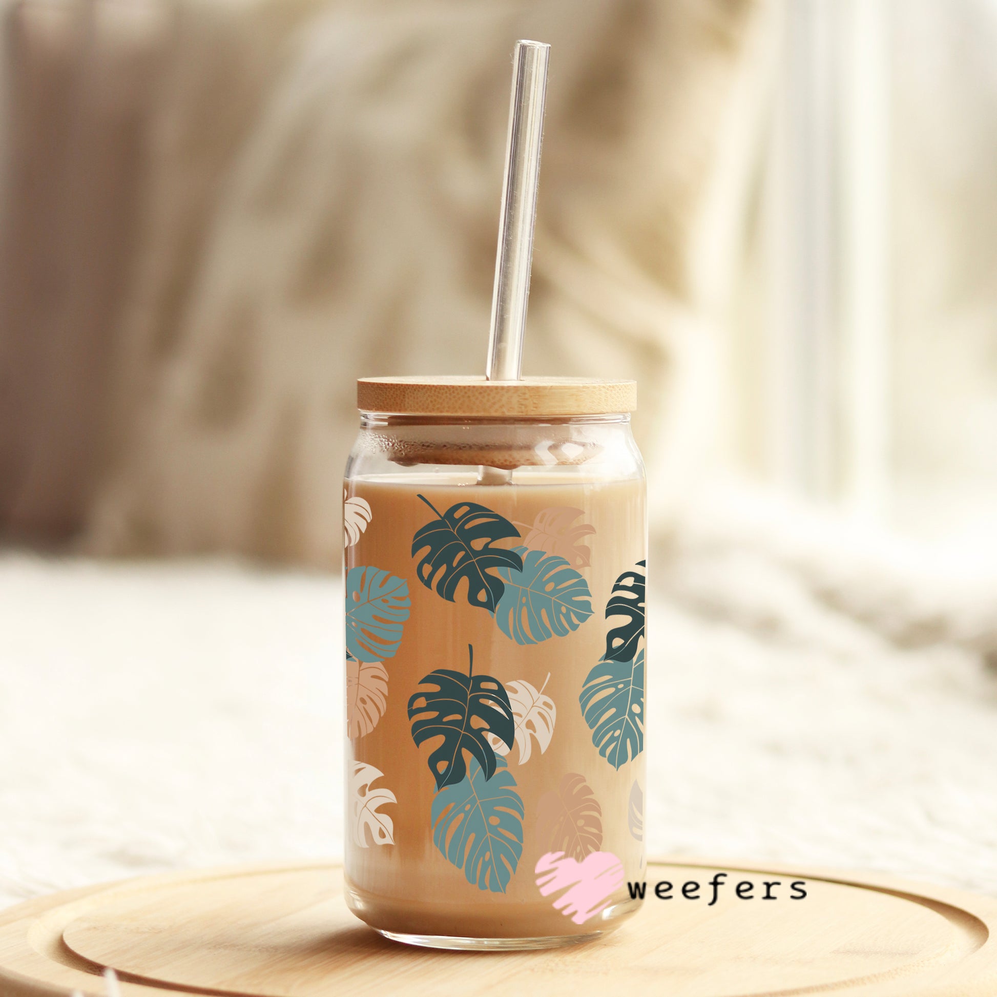 Monstera Neutral Libbey Glass Can Wrap UV DTF Sublimation Transfers - Weefers