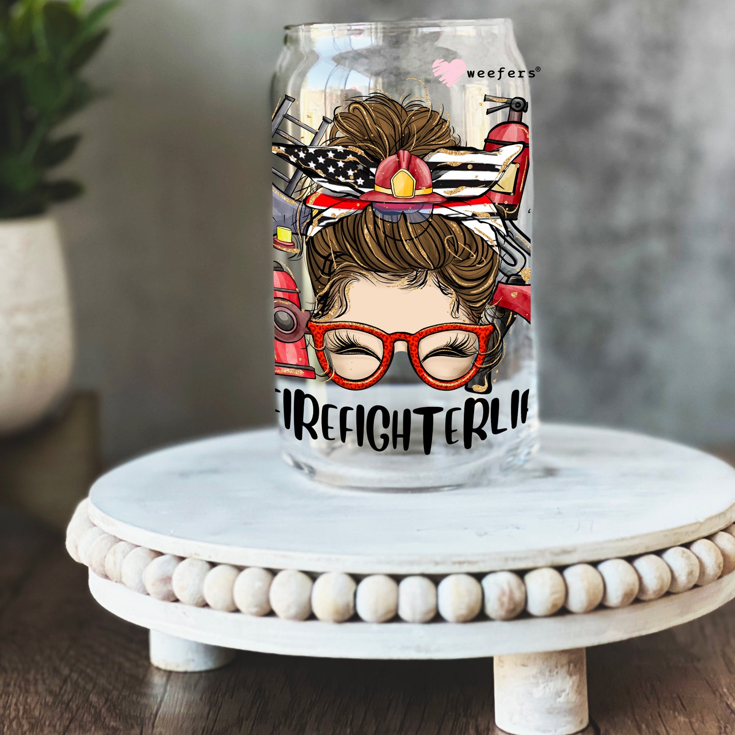 Firefighter Life Messy Bun 16oz Libbey Glass Can UV DTF or Sublimation Wrap - Decal - Weefers