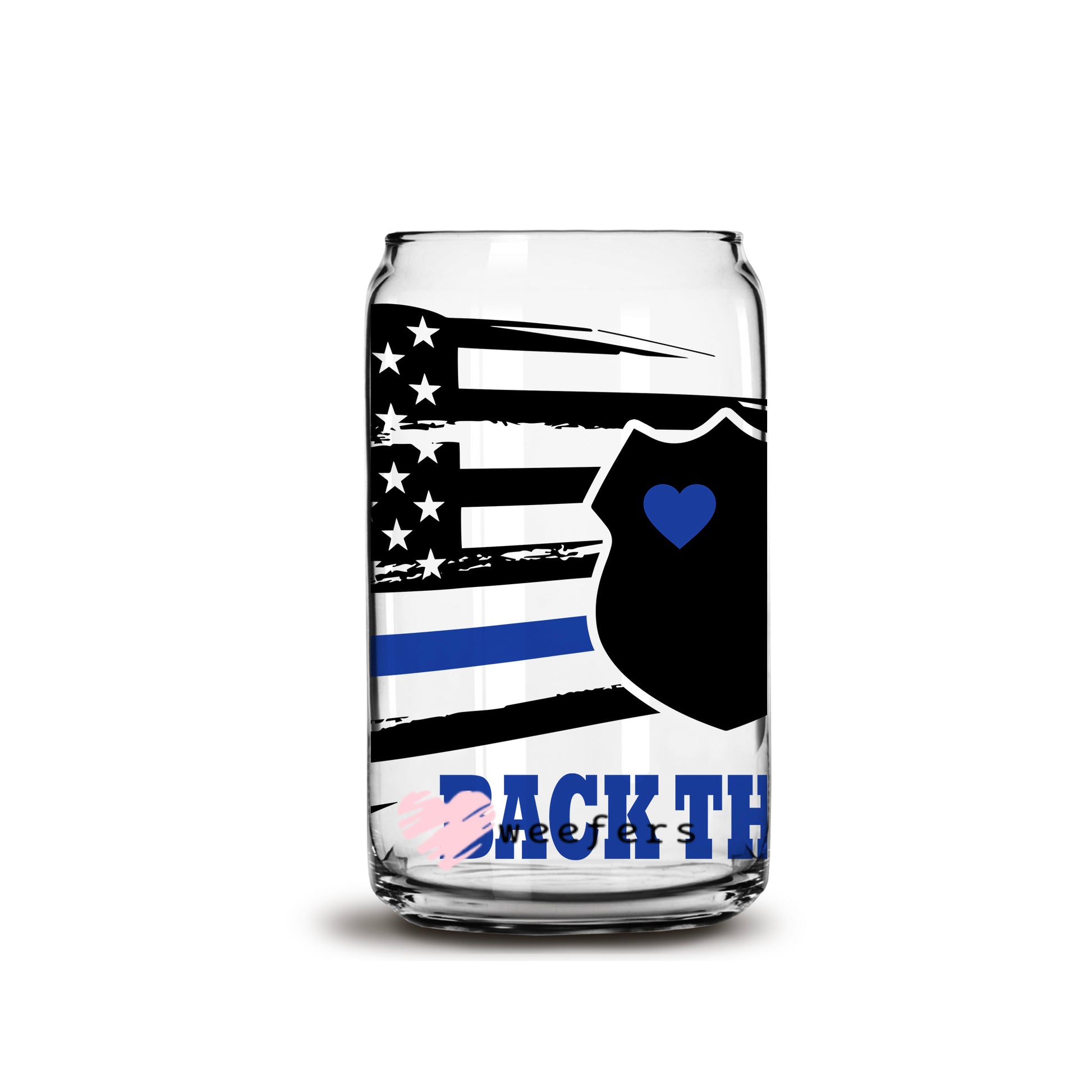 Blue Striped Flag Back the Blue Police 16oz Libbey Glass Can UV DTF or Sublimation Wrap - Decal - Weefers