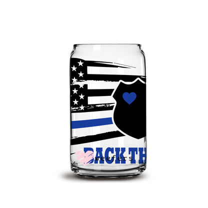 Blue Striped Flag Back the Blue Police 16oz Libbey Glass Can UV DTF or Sublimation Wrap - Decal - Weefers