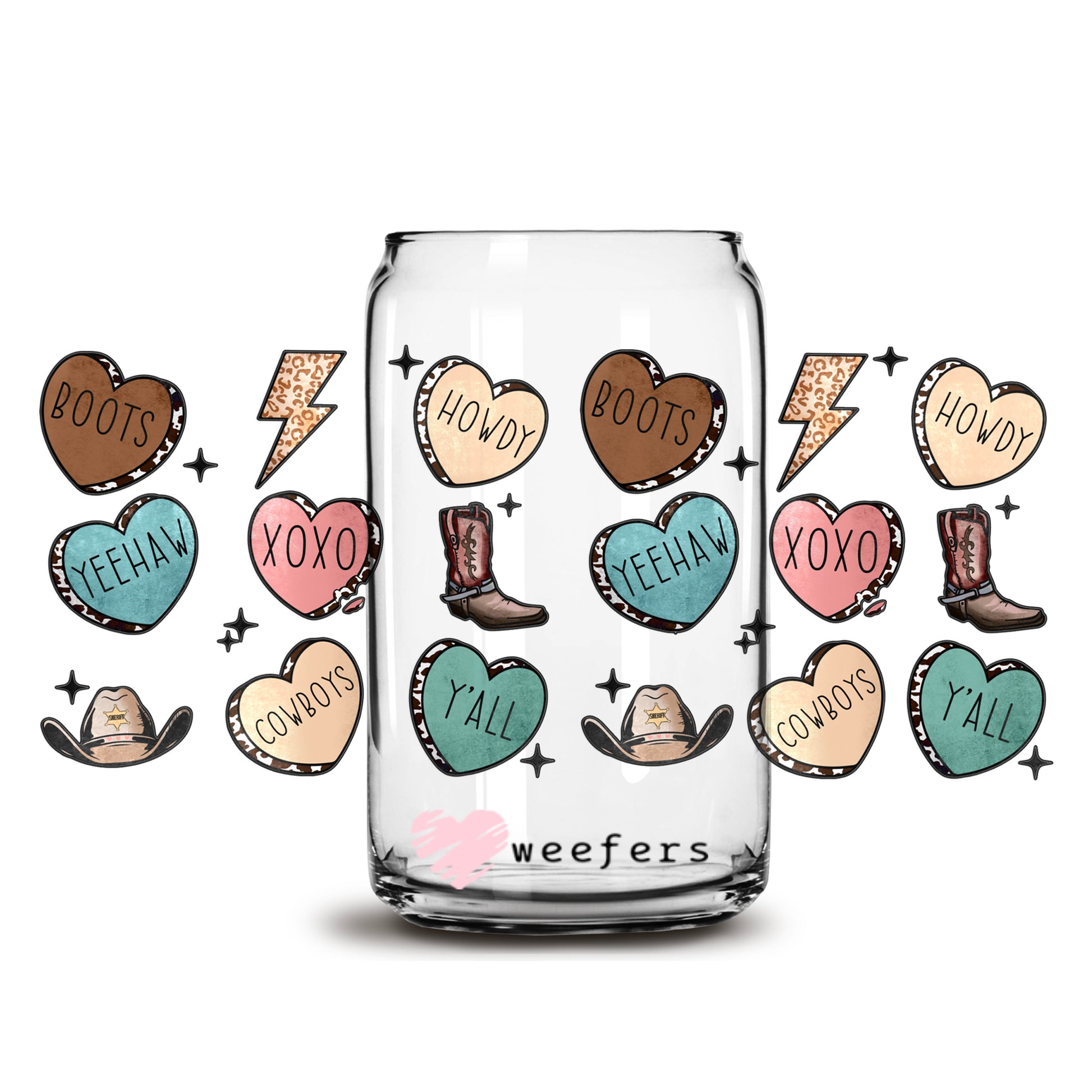 Western Conversation Hearts Valentine's Day 16oz Libbey Glass Can UV DTF or Sublimation Cup Wrap - Decal Transfer - Weefers