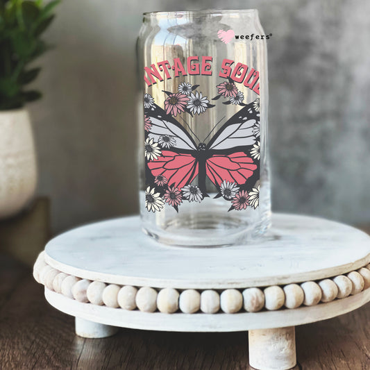 Vintage Soul Butterfly Grey and Pink 16oz Libbey Glass Can UV DTF or Sublimation Cup Wrap - Decal Transfer Weefers
