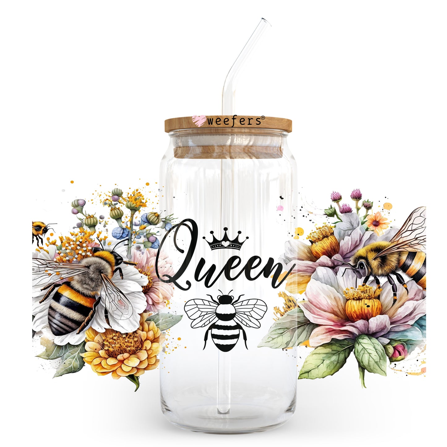 Queen Bee Floral 20oz Libbey Glass Can UV DTF or Sublimation Wrap - Decal Transfer - Weefers