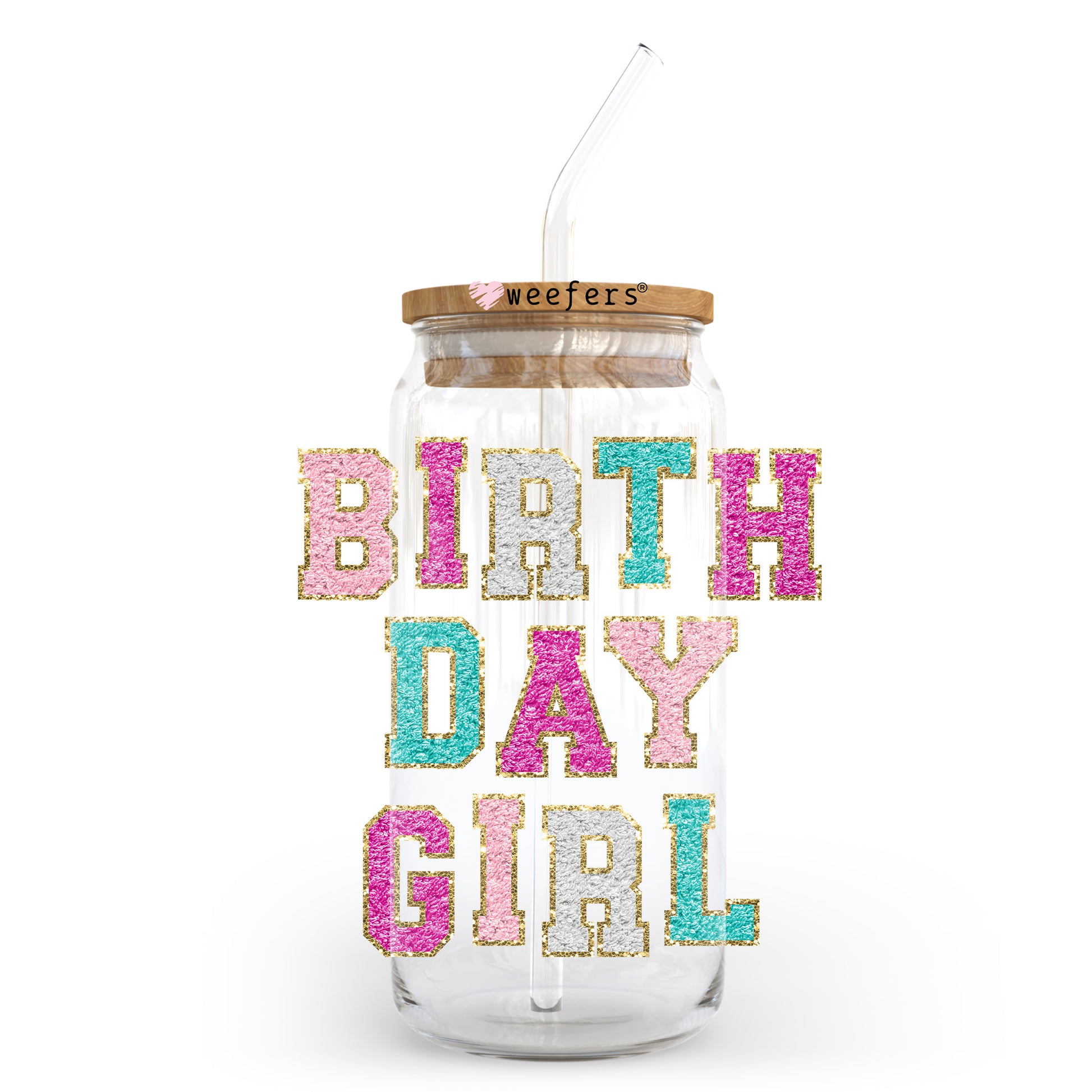 Birthday Girl Faux Chenille 20oz Libbey Glass Can UV DTF or Sublimation Wrap - Decal Transfer - Weefers