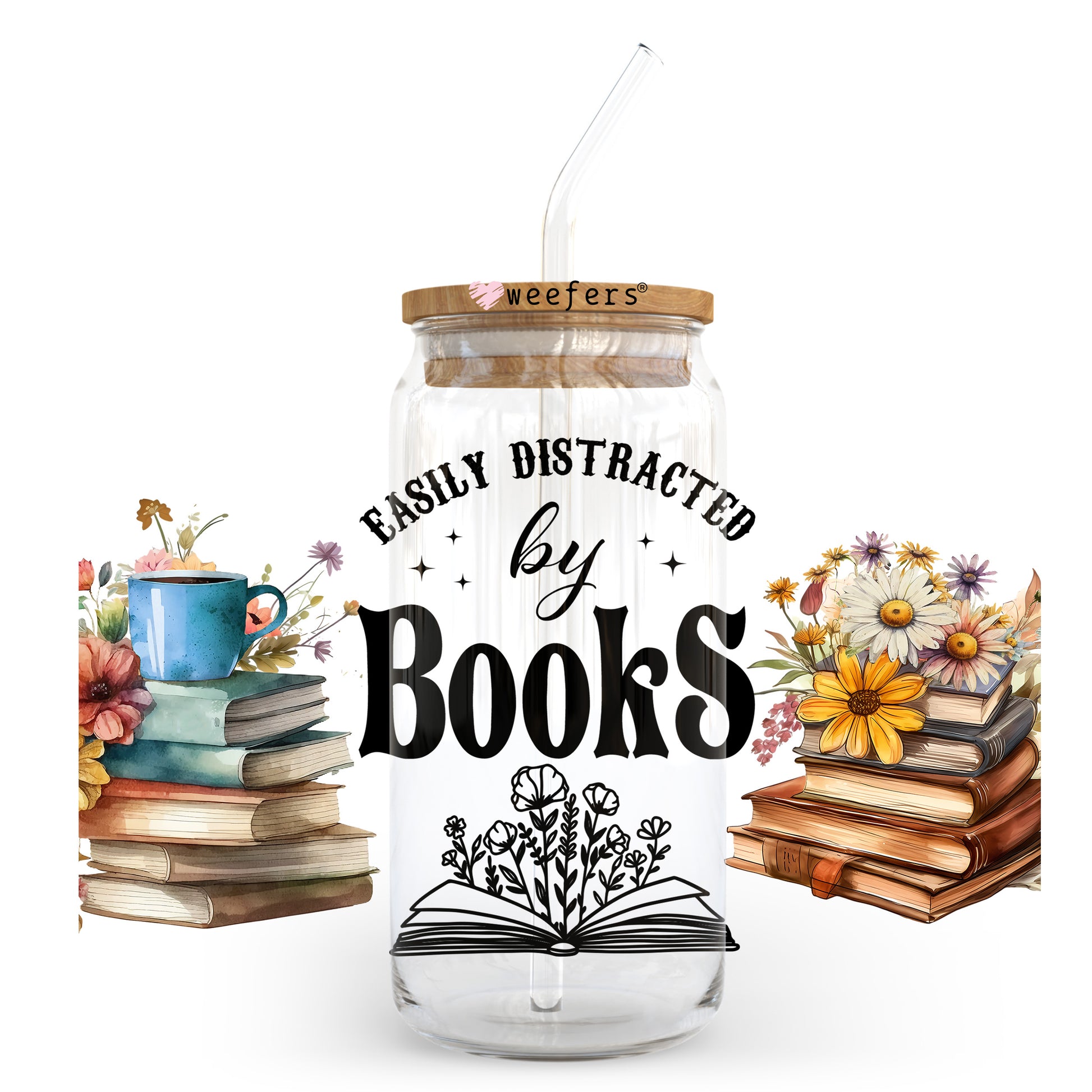 Easily Distracted by Books 20oz Libbey Glass Can UV DTF or Sublimation Wrap - Decal Transfer - Weefers