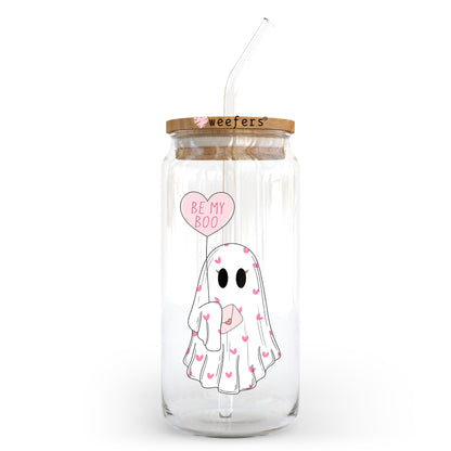 Be My Boo Pink and White Ghost Valentine's Day 20oz Libbey Glass Can UV DTF or Sublimation Wrap - Decal Transfer - Weefers