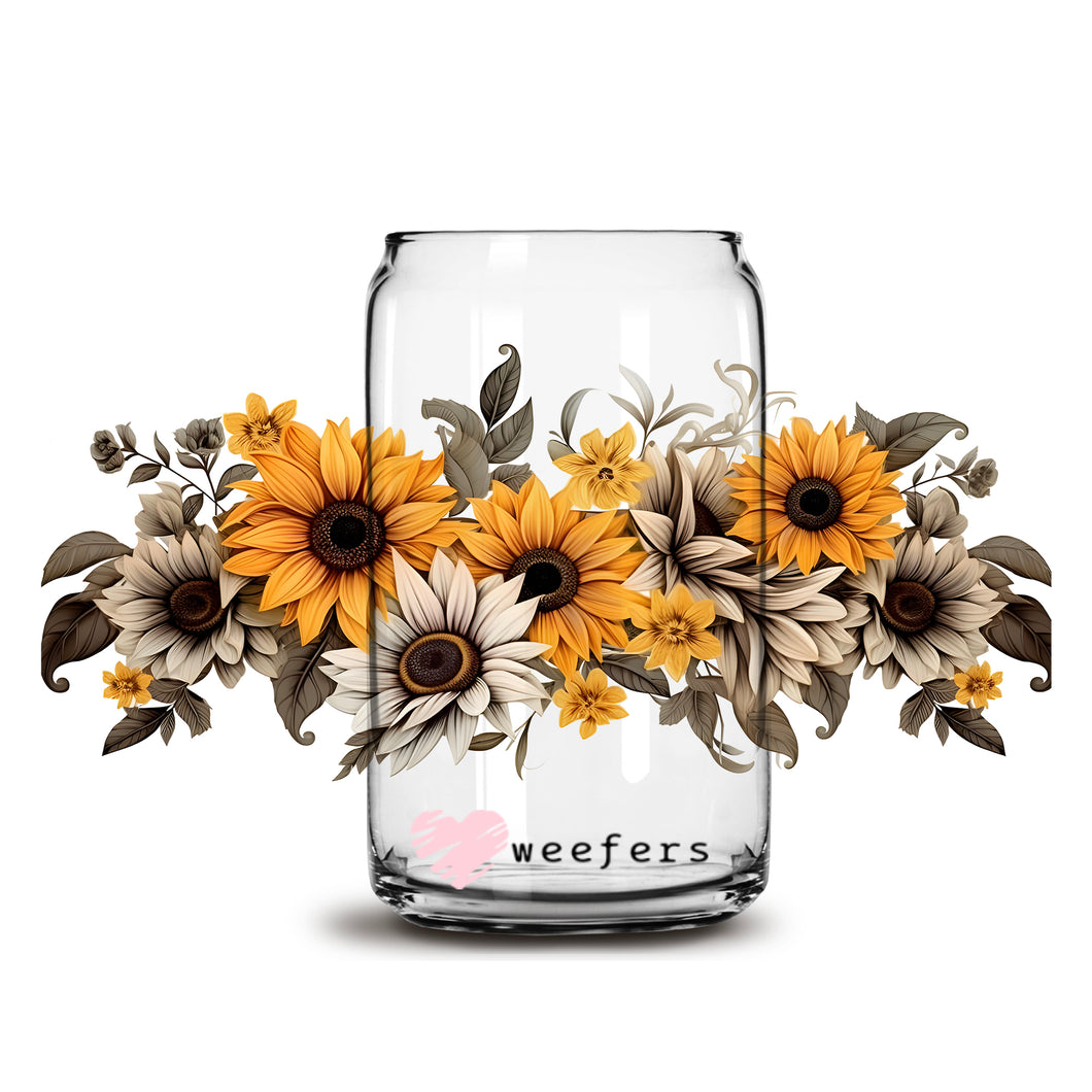 Retro Sunflowers 16oz Libbey Glass Can UV-DTF or Sublimation Wrap - Decal