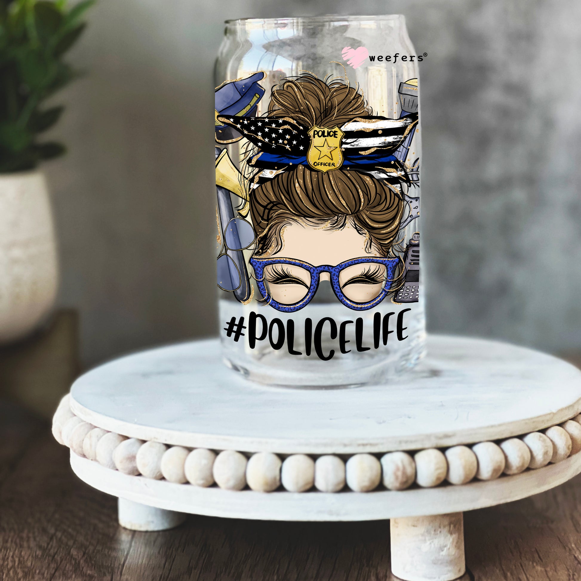 Messy Bun Police Life 16oz Libbey Glass Can UV DTF or Sublimation Wrap - Decal - Weefers