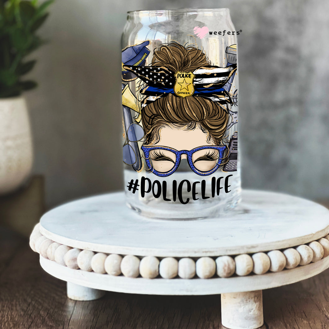 Messy Bun Police Life 16oz Libbey Glass Can UV-DTF or Sublimation Wrap - Decal