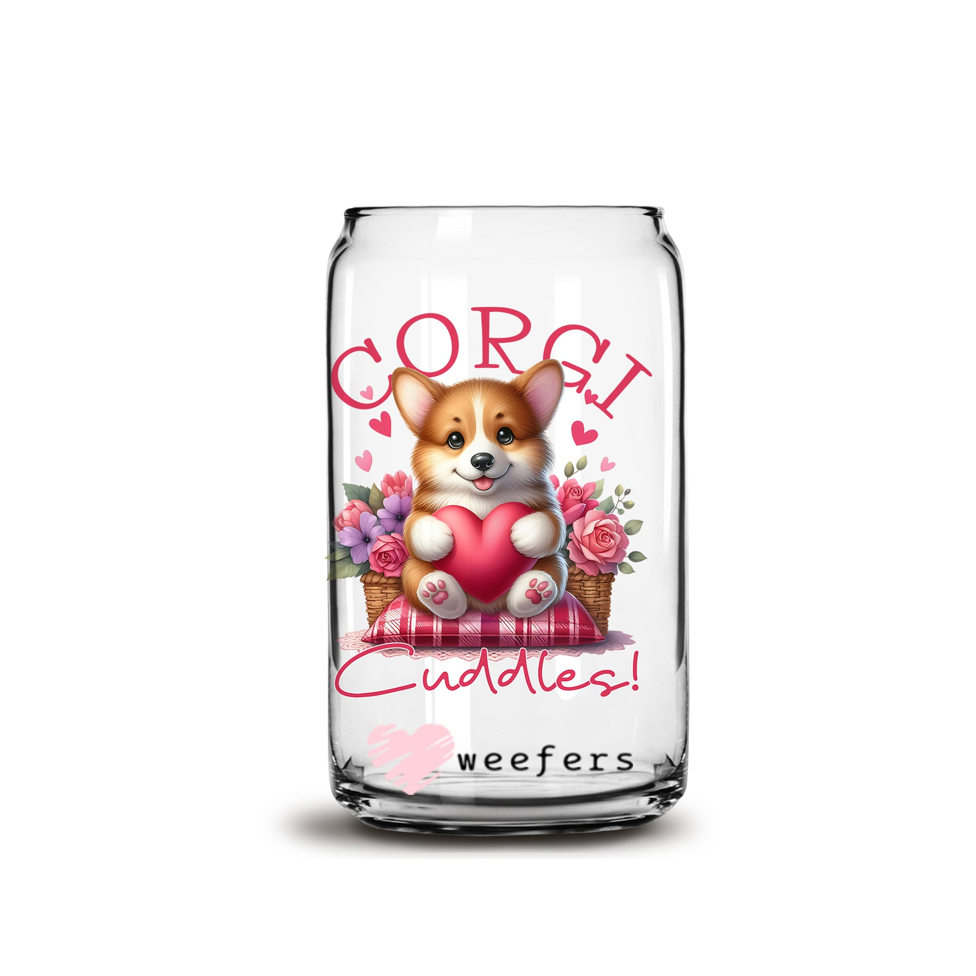 Corgi Cuddles Valentine's Day 16oz Libbey Glass Can UV DTF or Sublimation Cup Wrap - Decal Transfer - Weefers