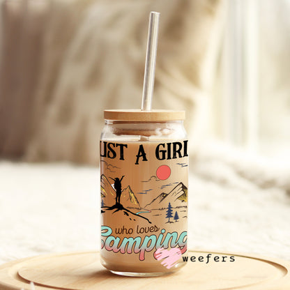 Just a Girl who Loves Camping 16oz Libbey Glass Can UV DTF or Sublimation Wrap - Decal - Weefers