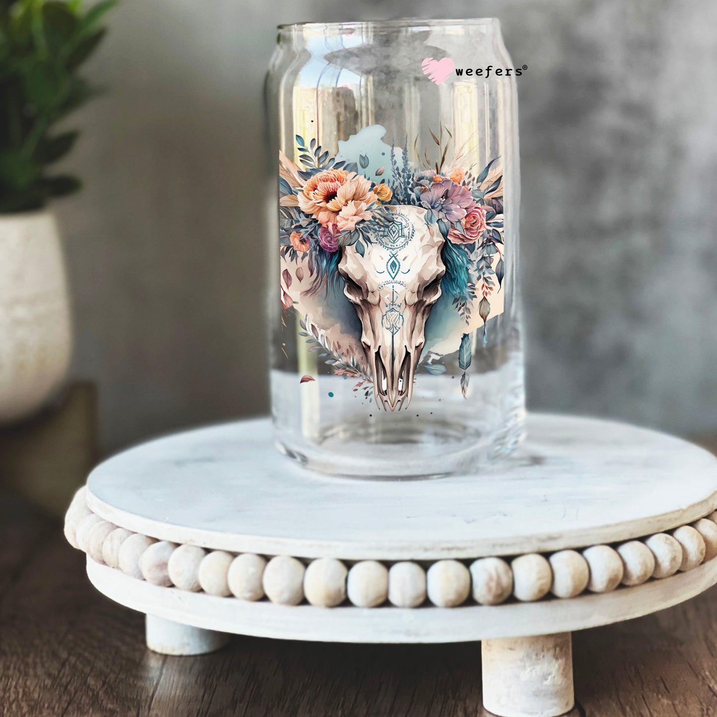 Cow Skull Floral 16oz Libbey Glass Can UV DTF or Sublimation Cup Wrap - Decal Transfer - Weefers