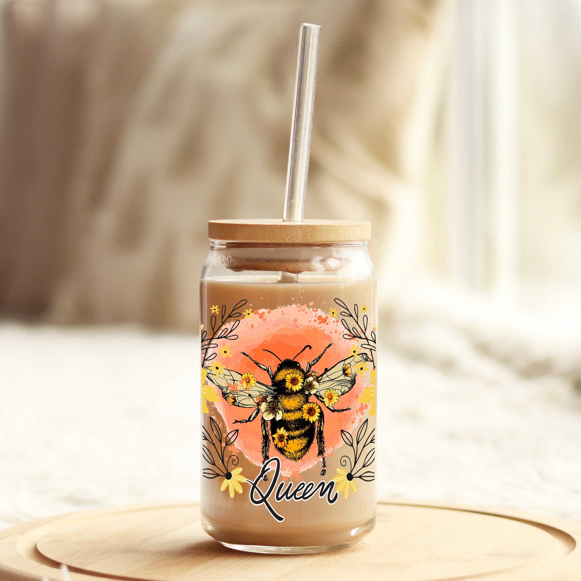 Queen Bee 16oz Libbey Glass Can UV DTF or Sublimation Cup Wrap - Decal Transfer - Weefers