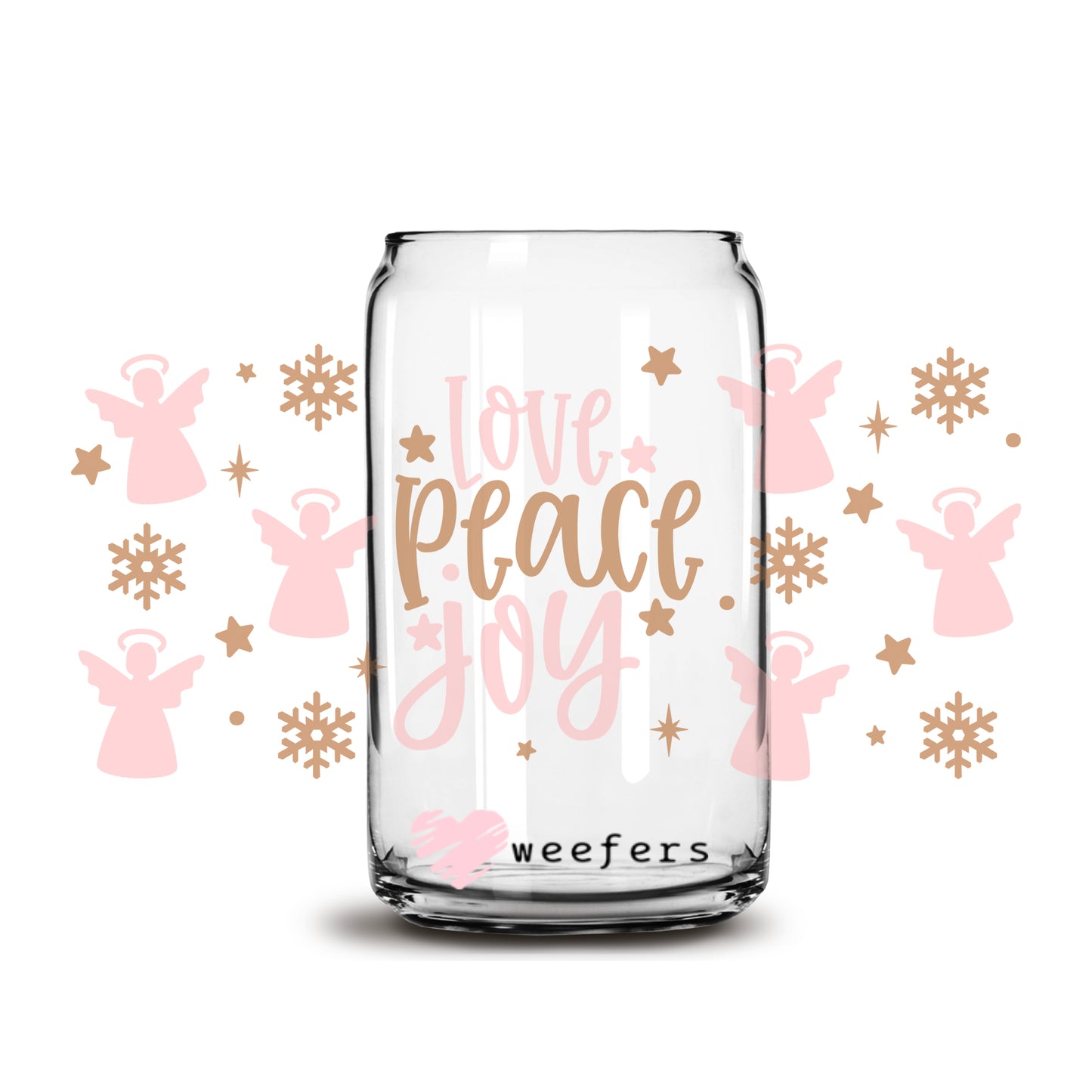 Pink and Gold Love Peace and Joy Christmas 16oz Libbey Glass Can UV DTF or Sublimation Wrap - Decal - Weefers