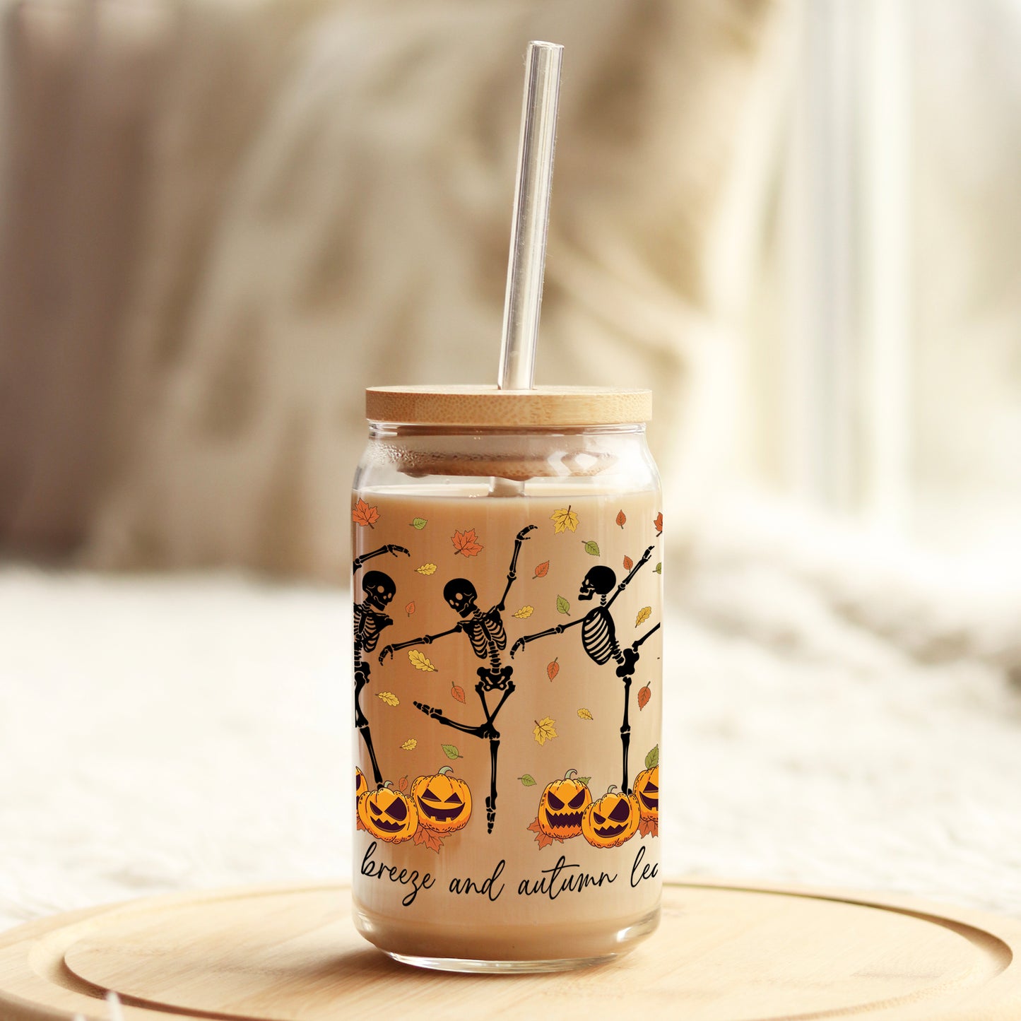 Fall Breeze and Autumn Leaves 16oz Libbey Glass Can UV DTF or Sublimation Wrap - Decal - Weefers