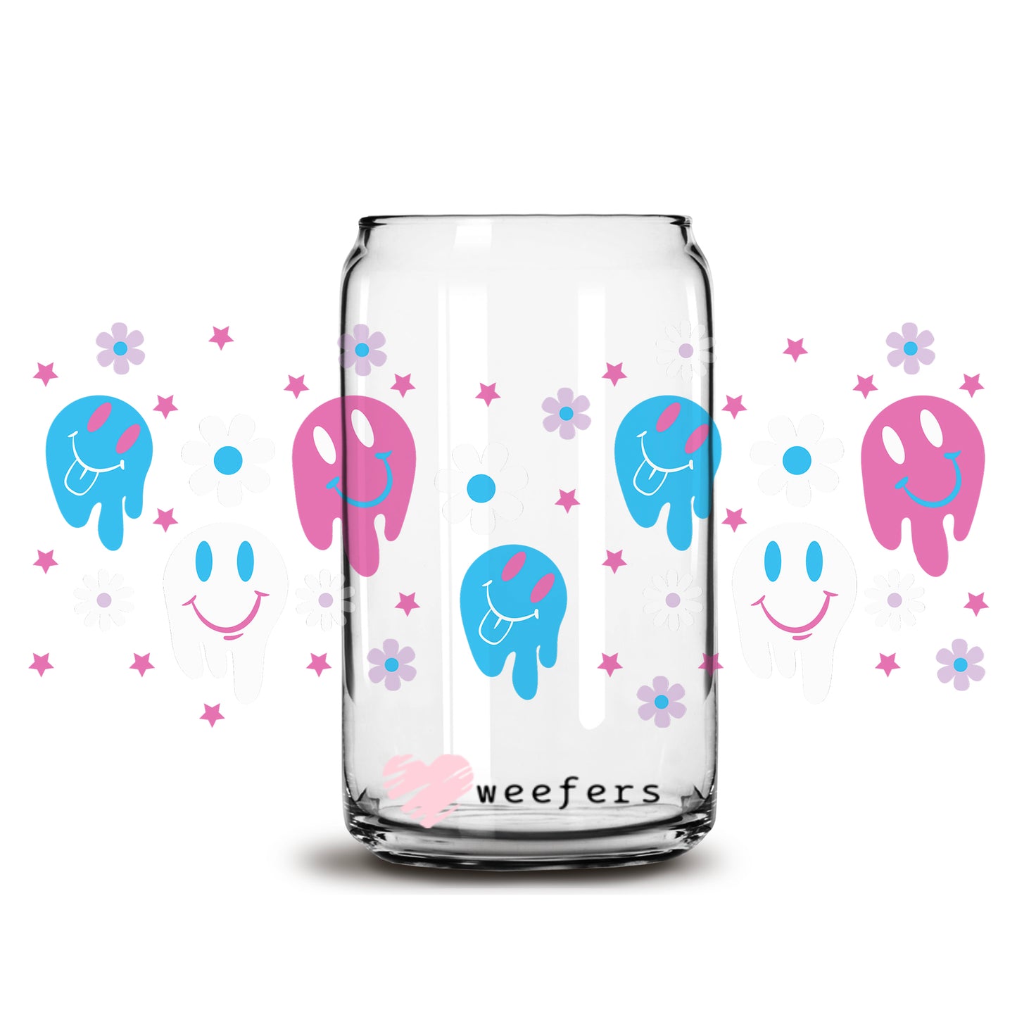 Blue and Pink Melting Smile Face 16oz Libbey Glass Can UV DTF or Sublimation Wrap - Decal - Weefers